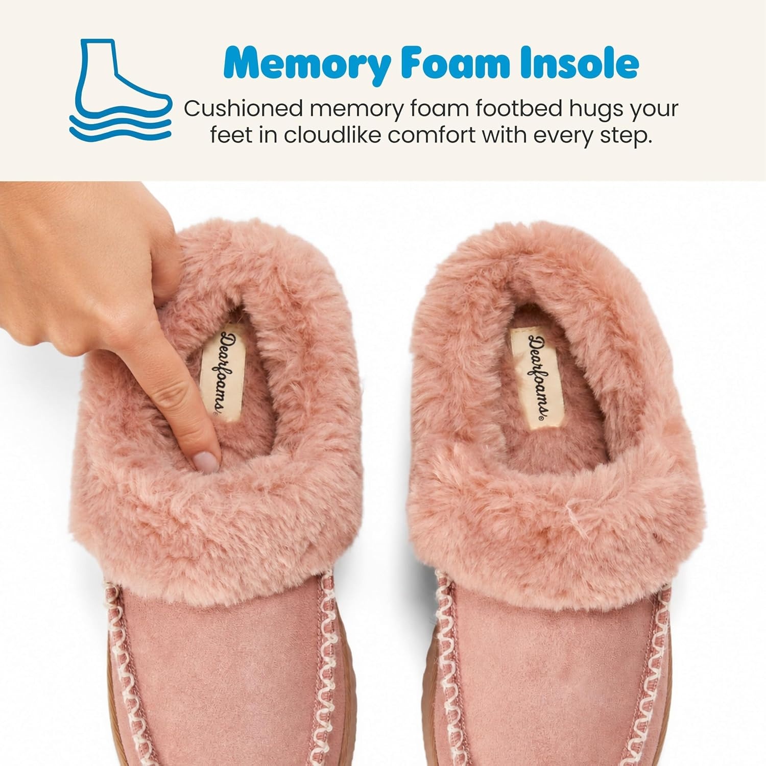image:imageDearfoams womens House Slipper Memory Foam Fuzzy Suede Clog Blaine Furry Cuff Indoor ShoesDusty Pink
