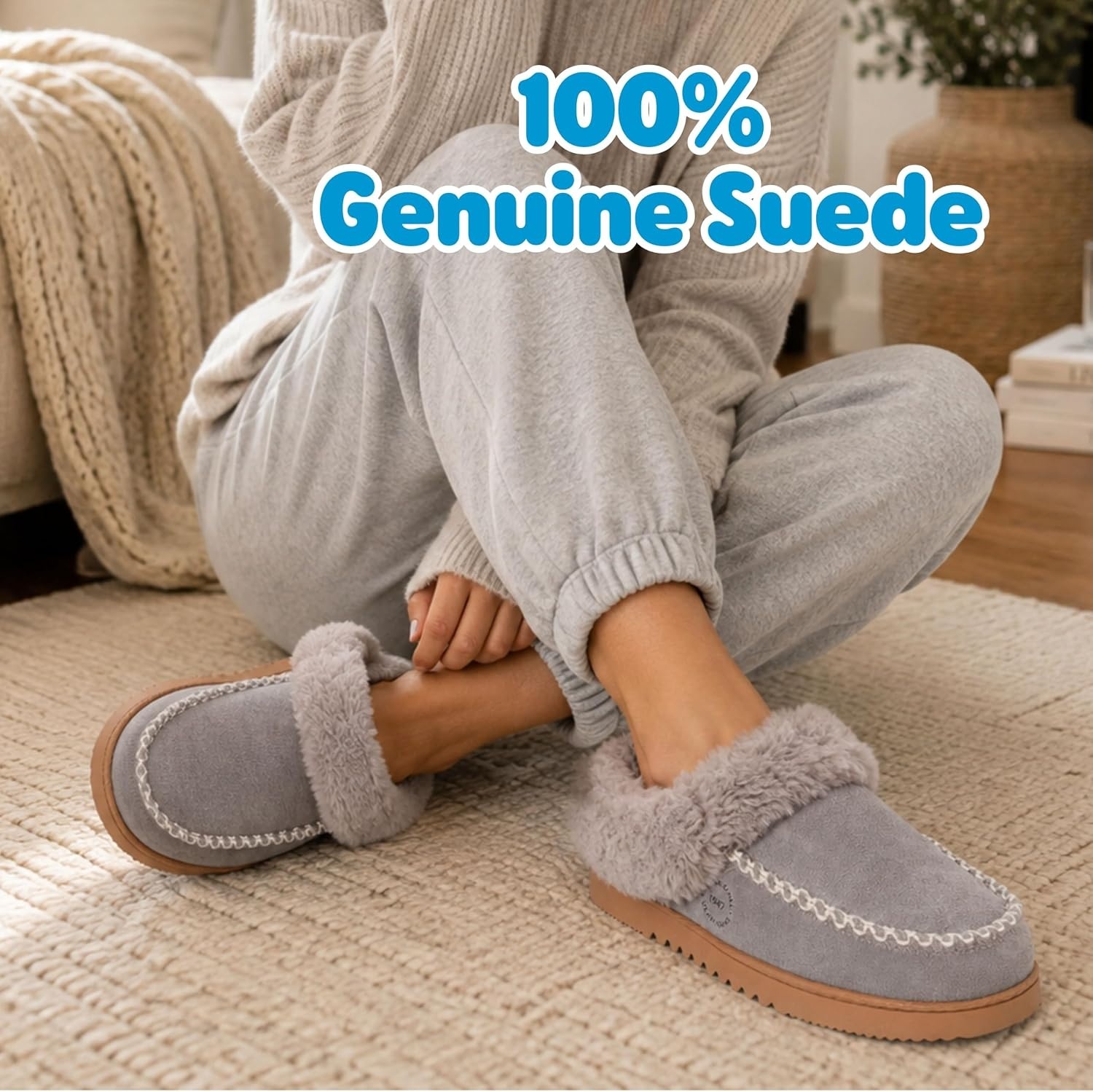 image:imageDearfoams womens House Slipper Memory Foam Fuzzy Suede Clog Blaine Furry Cuff Indoor ShoesMedium Grey
