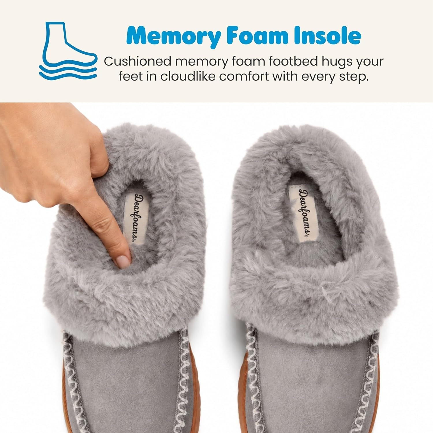 image:imageDearfoams womens House Slipper Memory Foam Fuzzy Suede Clog Blaine Furry Cuff Indoor ShoesMedium Grey