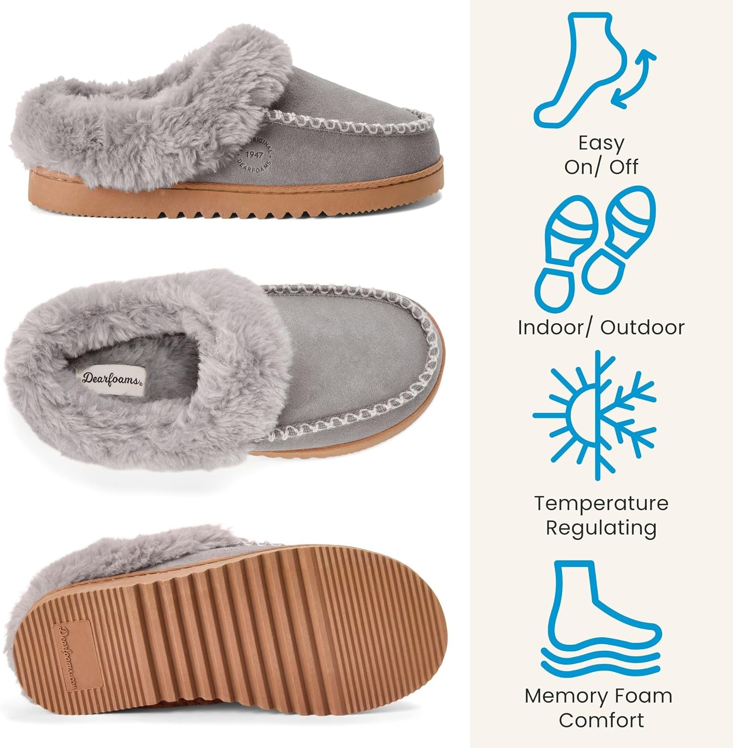 image:imageDearfoams womens House Slipper Memory Foam Fuzzy Suede Clog Blaine Furry Cuff Indoor ShoesMedium Grey