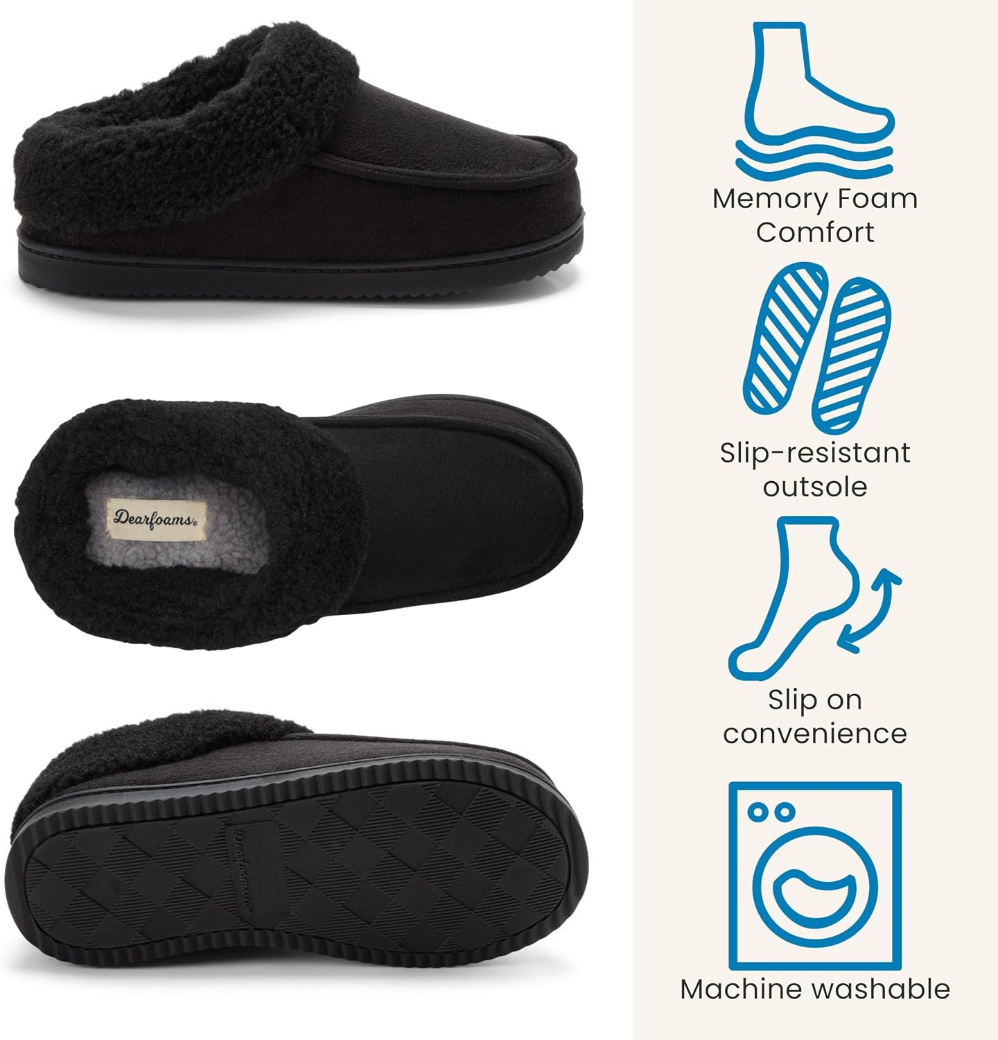 image:imageDearfoams womens Memory Foam House Shoes Slip on Microsuede Clog Plush Lined Indoor Outdoor SlippersBlack