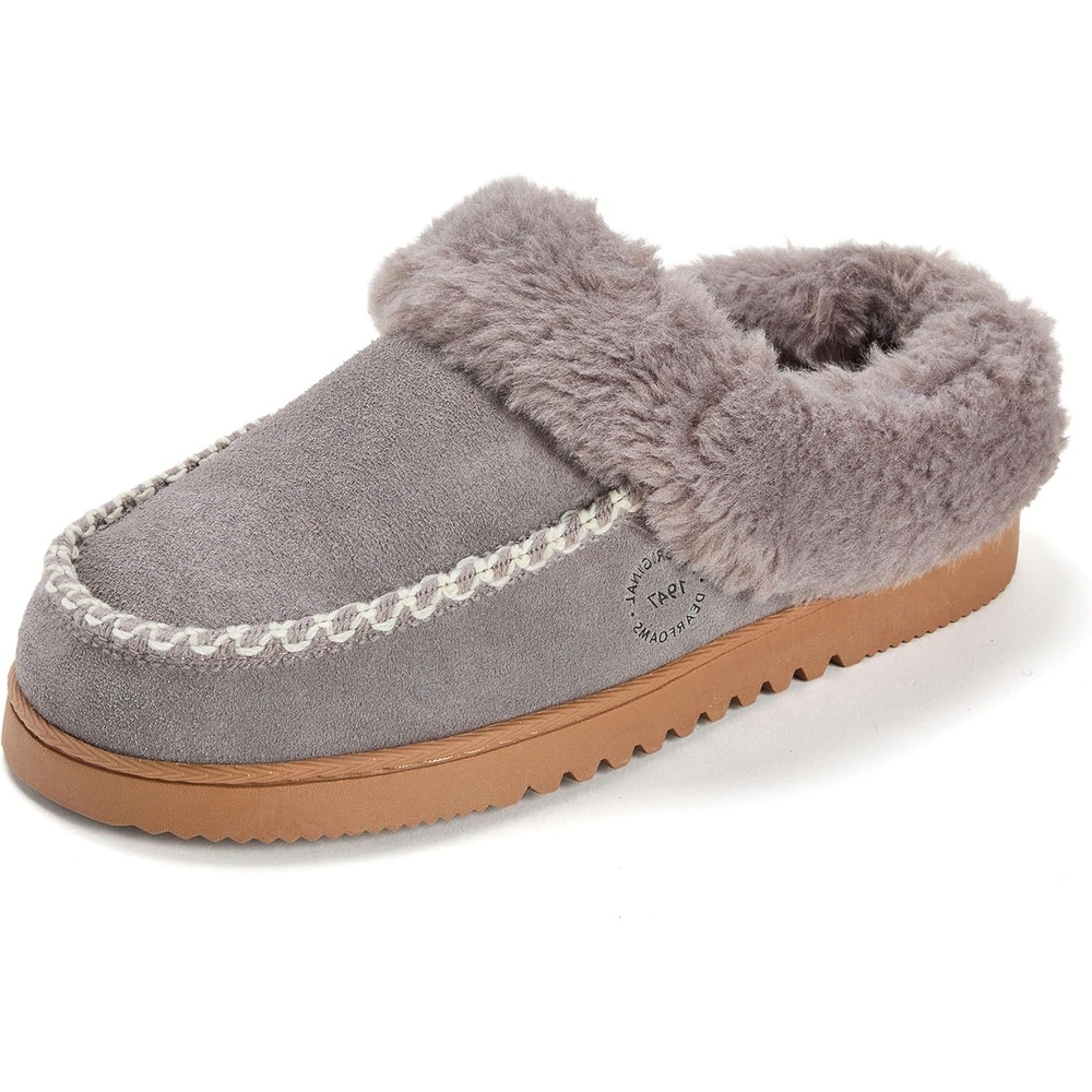 image:imageDearfoams womens House Slipper Memory Foam Fuzzy Suede Clog Blaine Furry Cuff Indoor ShoesMedium Grey