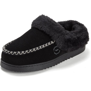 Dearfoams womens House Slipper Memory Foam Fuzzy Suede Clog – Blaine Furry Cuff Indoor Shoes(Black)