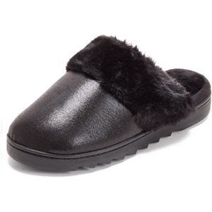 Dearfoams Women’s Memory Foam House Shoes Slip On Microsuede Scuff, Plush Lined Indoor Outdoor Slippers, Black Metallic, 9-10